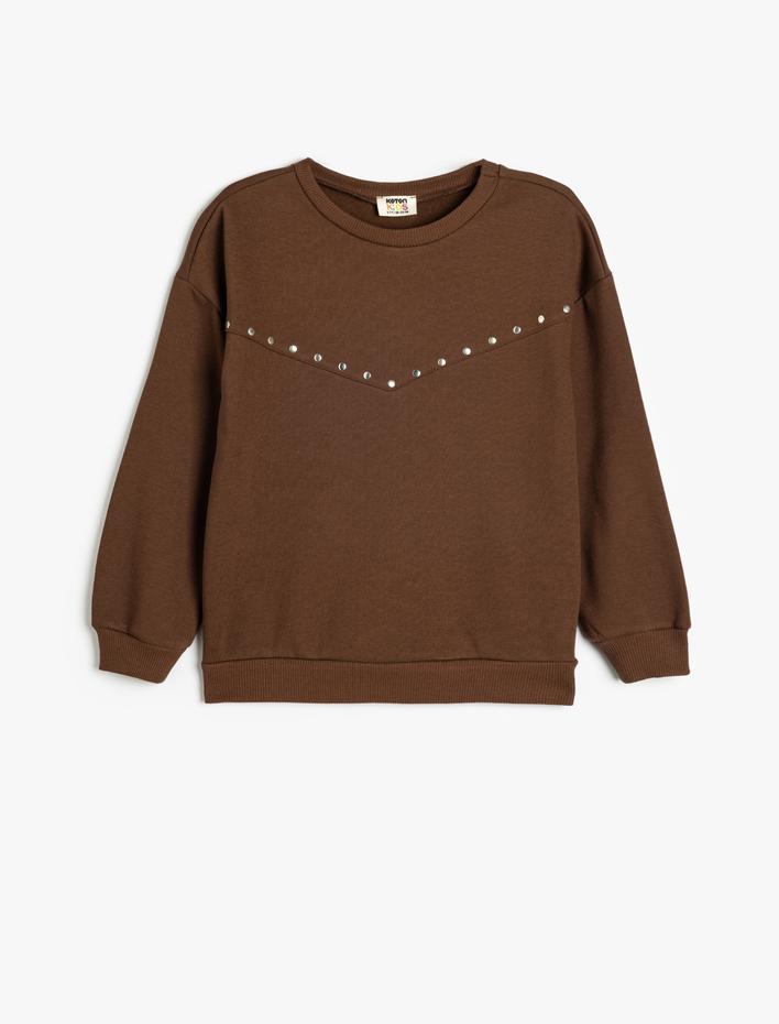 Kız Çocuk Zımba Detaylı Sweatshirt Uzun Kollu Bisiklet Yaka Şardonlu