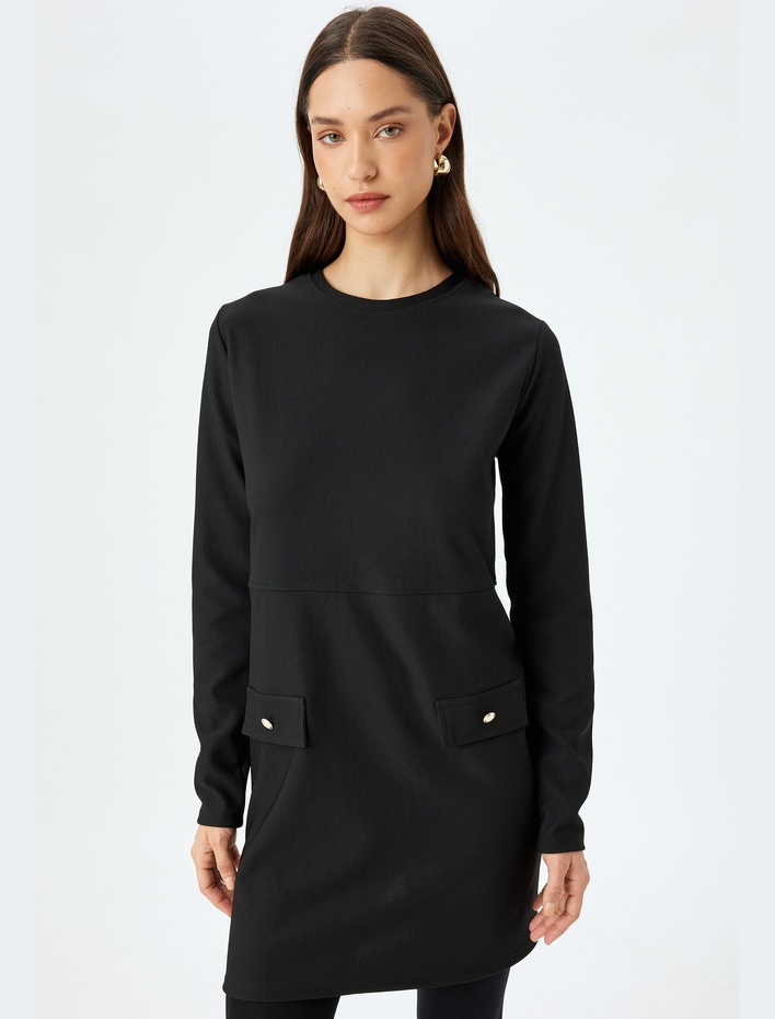  Aplike Detaylı Uzun Kollu Yuvarlak Yaka Mini Elbise