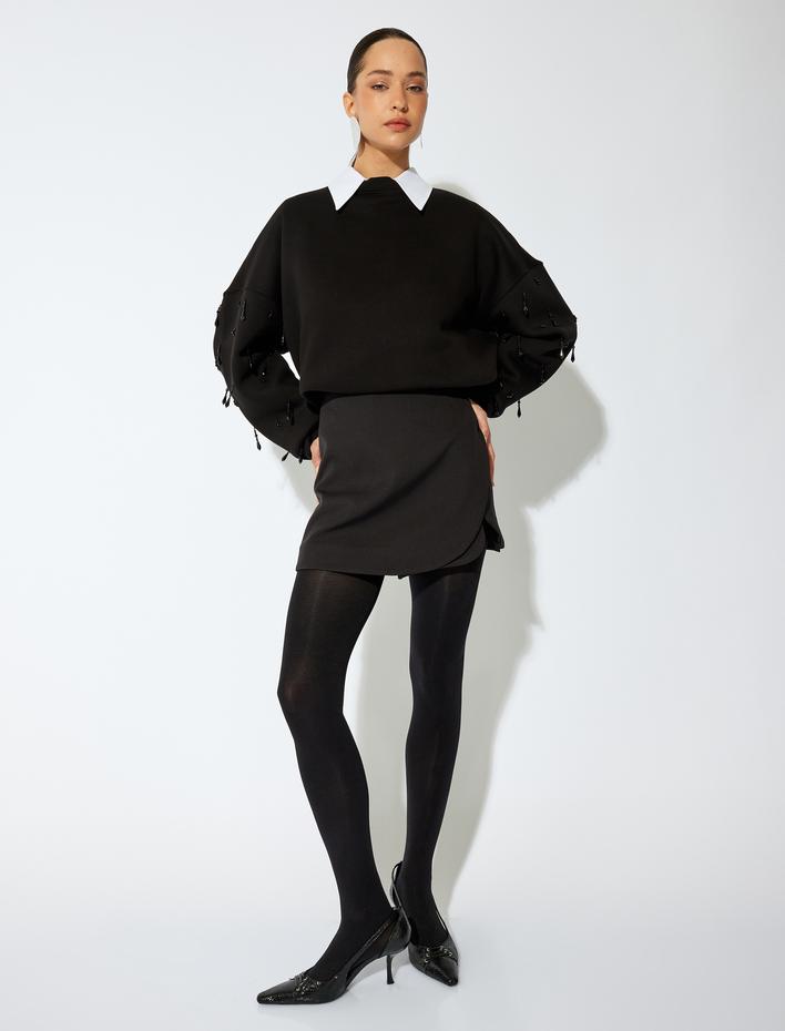  Uzun Kollu Bisiklet Yaka Sallantılı Taş Detaylı Oversize Sweatshirt