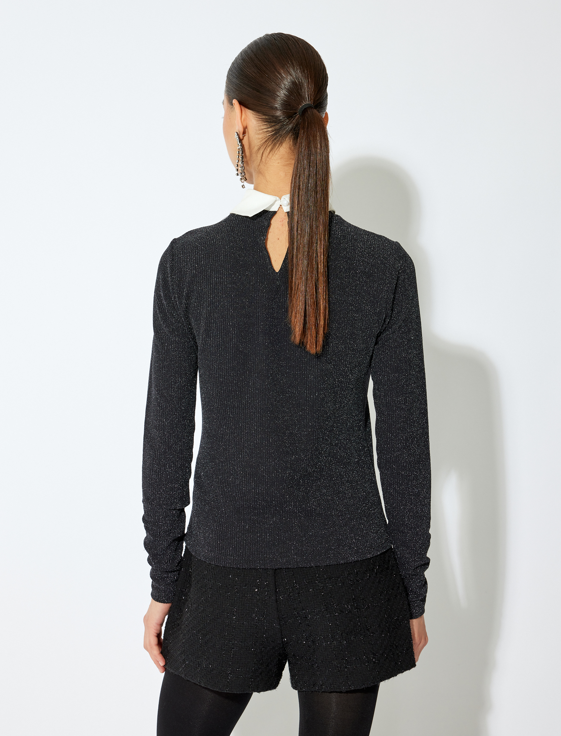   Uzun Kollu Taşlı Gömlek Yaka Parıltılı Triko Kazak