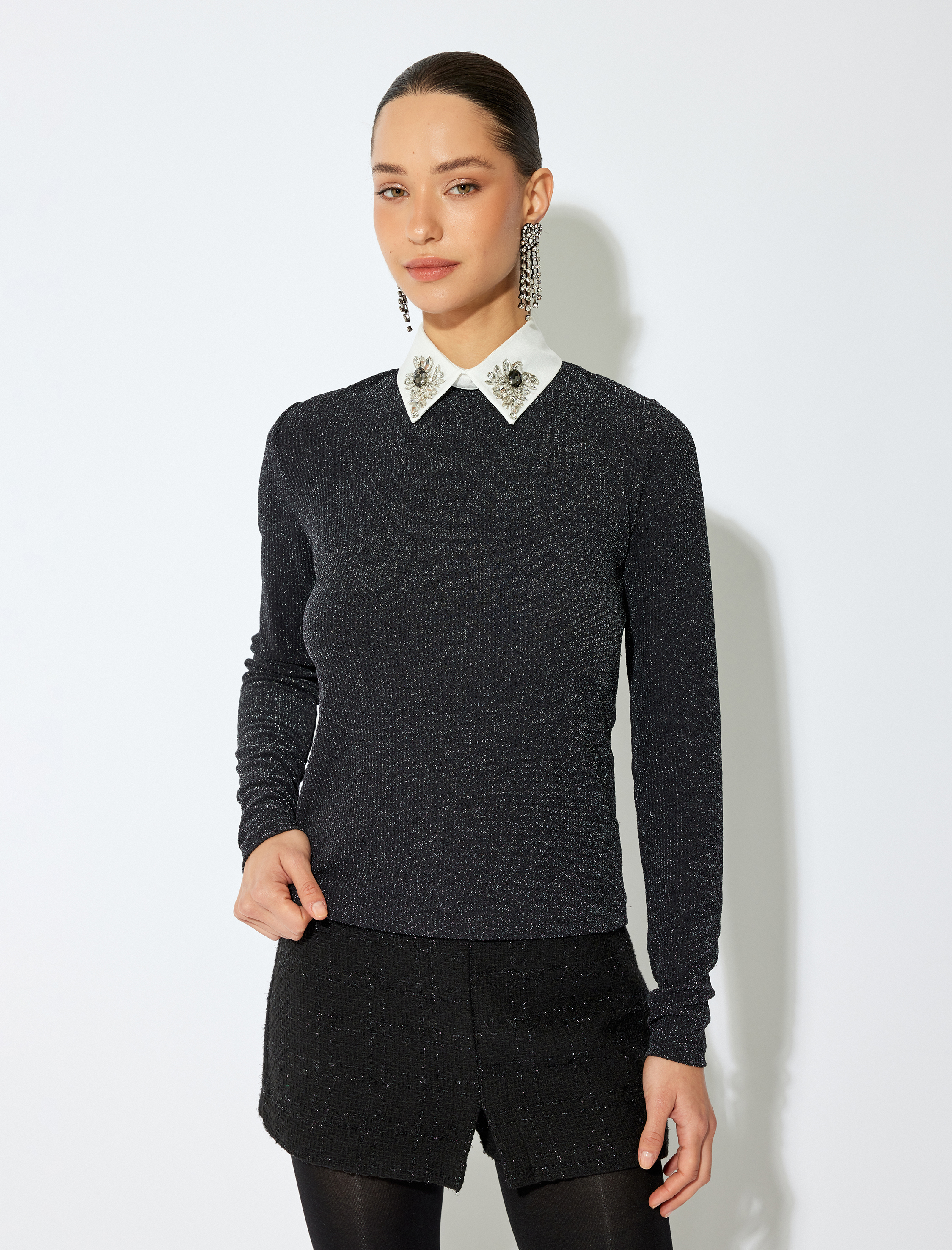   Uzun Kollu Taşlı Gömlek Yaka Parıltılı Triko Kazak