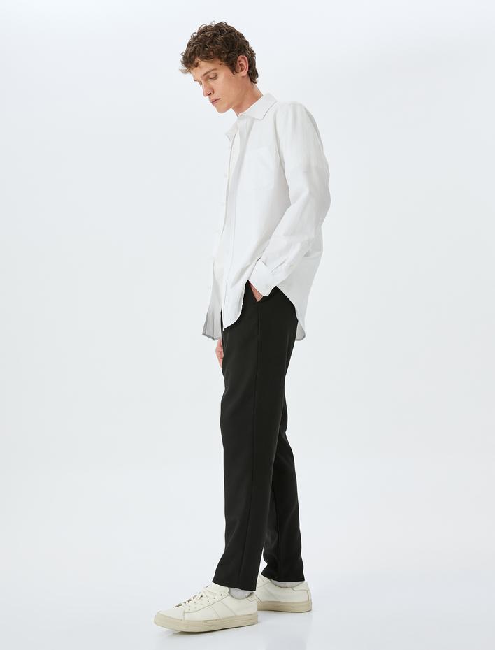  Beli Bağcıklı Cep Detaylı Viskon Karışımlı Slim Fit Pantolon