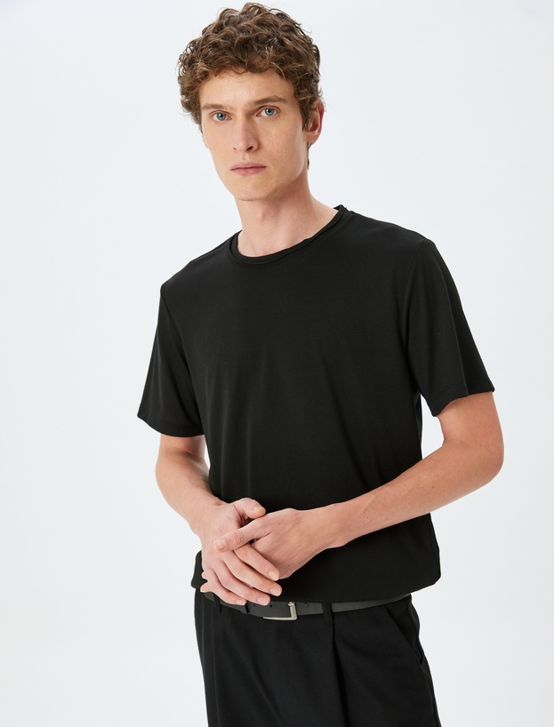 Bisiklet Yaka Kısa Kollu Viskon Karışımlı Basic Slim Fit Tişört_0