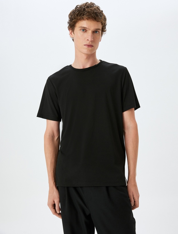 Bisiklet Yaka Kısa Kollu Viskon Karışımlı Basic Slim Fit Tişört_2