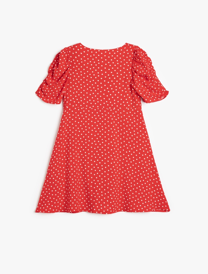 Kız Çocuk Puantiyeli Elbise Balon Kollu Düğme Kapamalı Viskon Kumaş