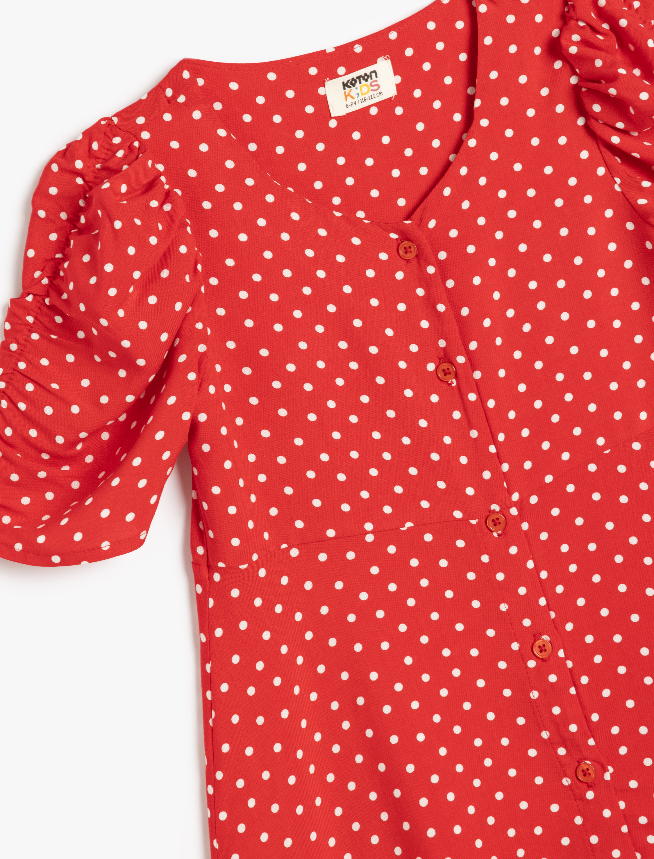  Kız Çocuk Puantiyeli Elbise Balon Kollu Düğme Kapamalı Viskon Kumaş