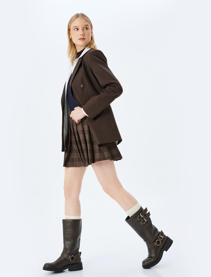  Kemer Detaylı Pileli Ekoseli Mini Şort Etek