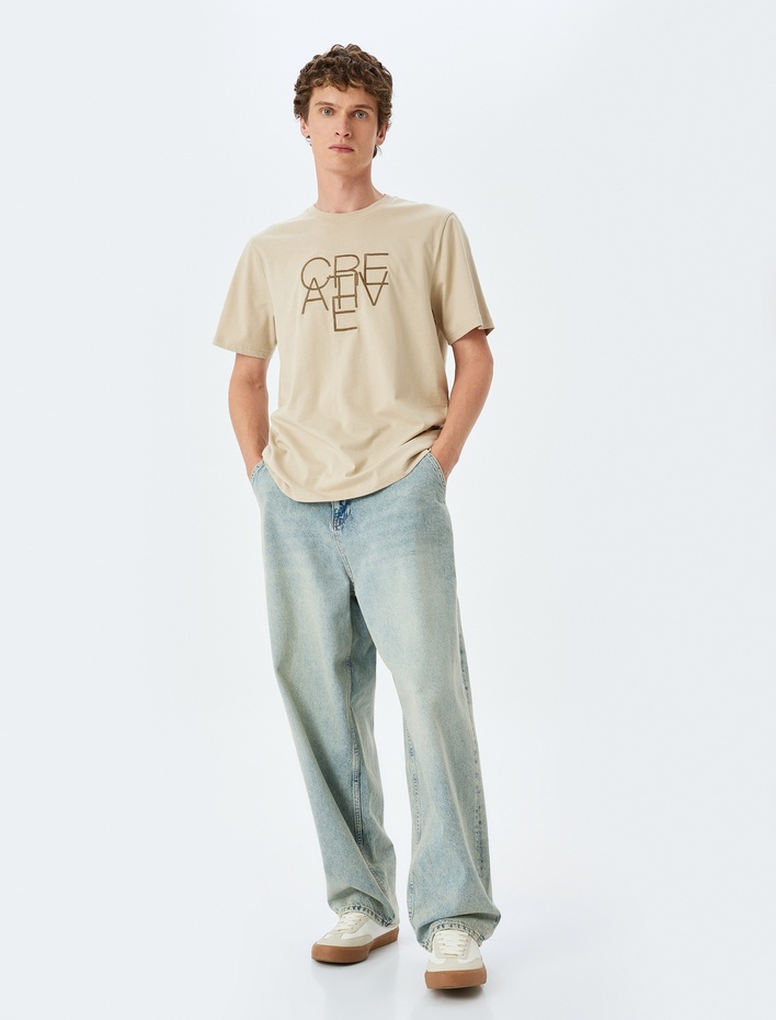  Kısa Kollu Regular Fit Bisiklet Yaka Pamuklu Slogan Baskılı Tişört