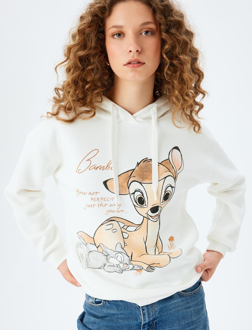   Şardonlu Bambi Lisanslı Baskılı Kapüşonlu Oversize Sweatshirt