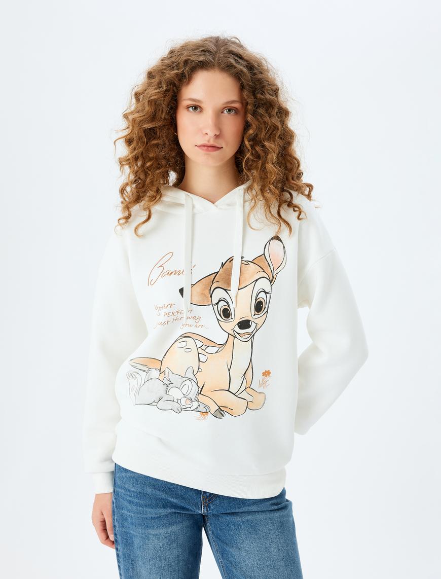   Şardonlu Bambi Lisanslı Baskılı Kapüşonlu Oversize Sweatshirt