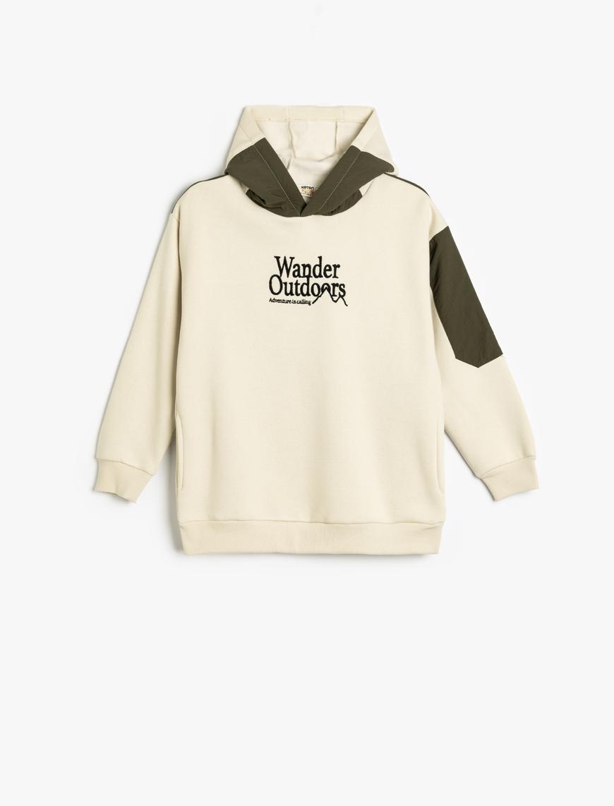  Erkek Çocuk Oversize Kapşonlu Sweatshirt Slogan Baskılı Renk Bloklu Şardonlu