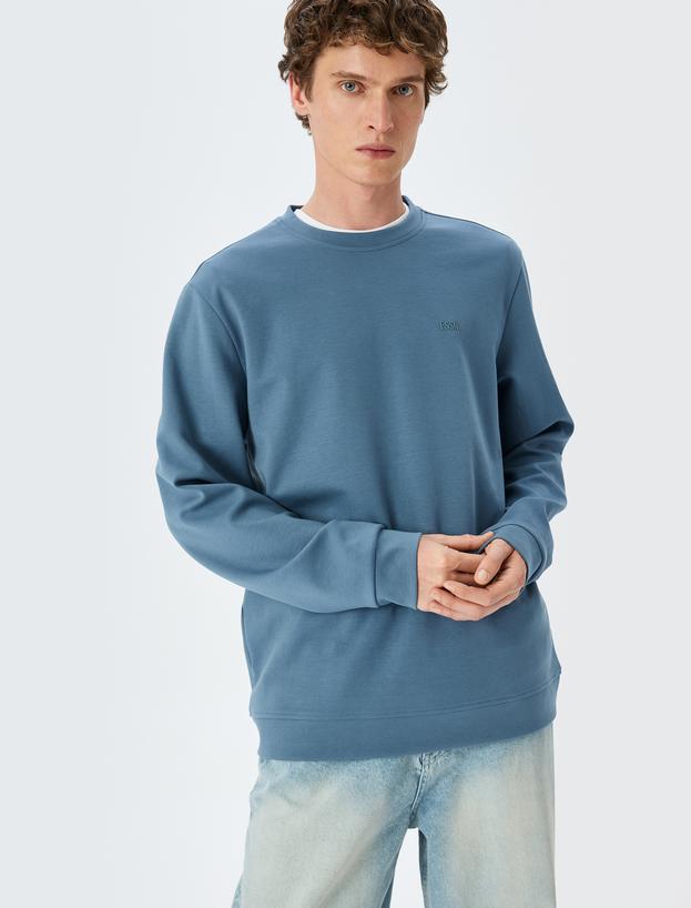 Bisiklet Yaka Basic Pamuk Karışımlı Minimal Baskılı Sweatshirt_0