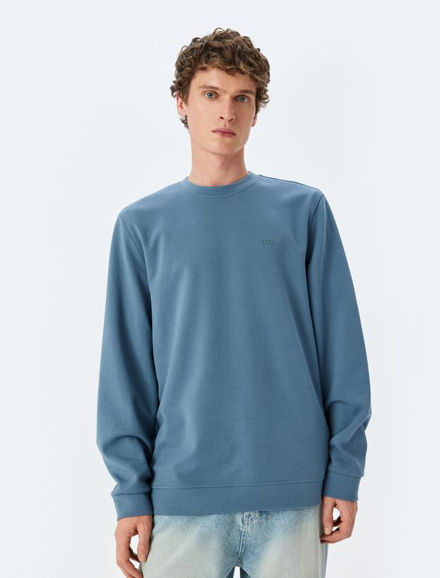 Bisiklet Yaka Basic Pamuk Karışımlı Minimal Baskılı Sweatshirt_2
