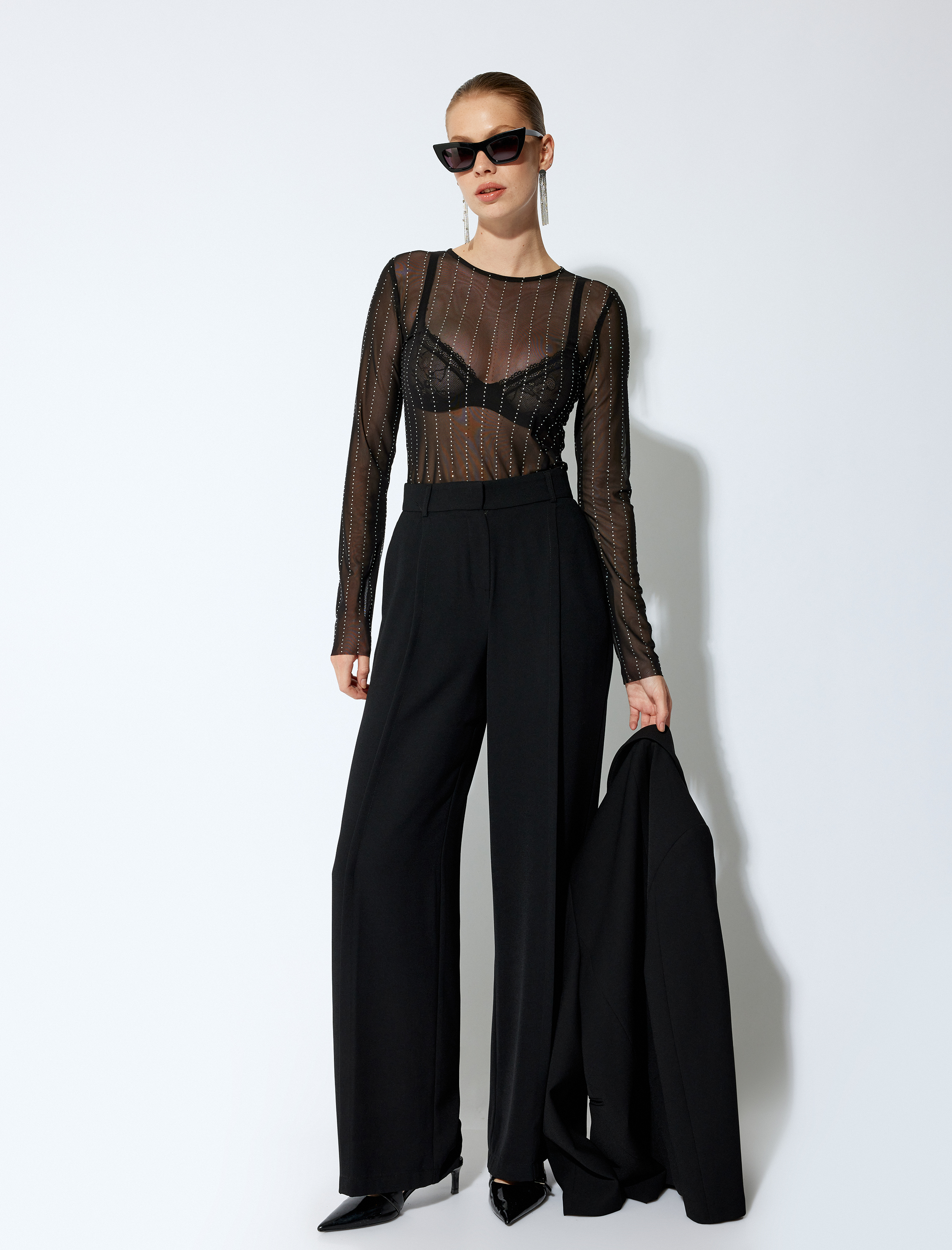   Taşlı Transparan Bisiklet Yaka Uzun Kollu Tül Abiye Bluz