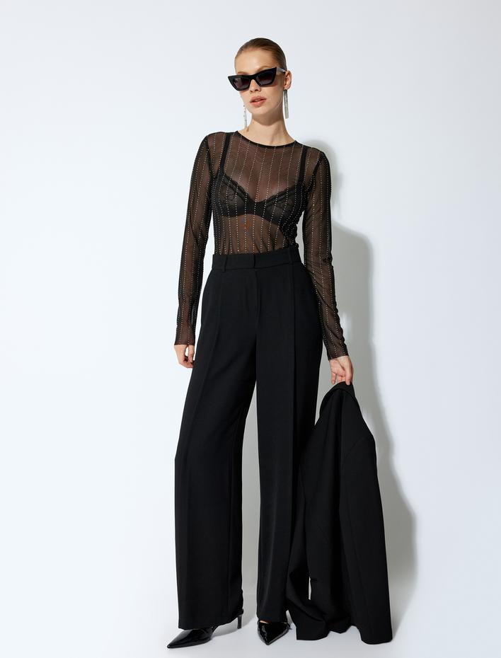  Taşlı Transparan Bisiklet Yaka Uzun Kollu Tül Abiye Bluz