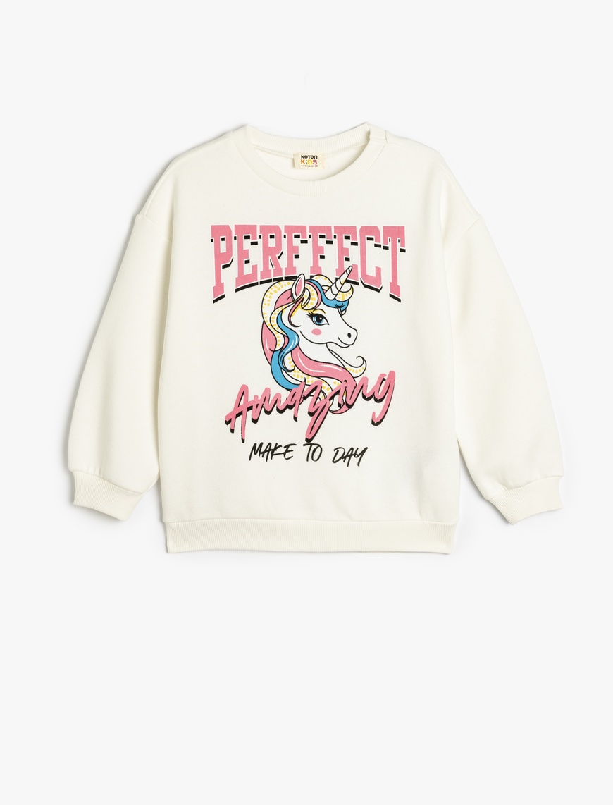  Kız Çocuk Unicorn Baskılı Sweat Bisiklet Yaka Uzun Kollu Şardonlu