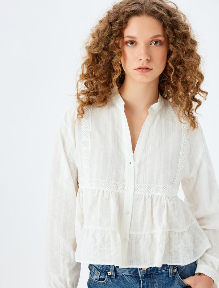  V Yaka Düğmeli Rahat Kalıp Brode Detaylı Uzun Kollu Bluz