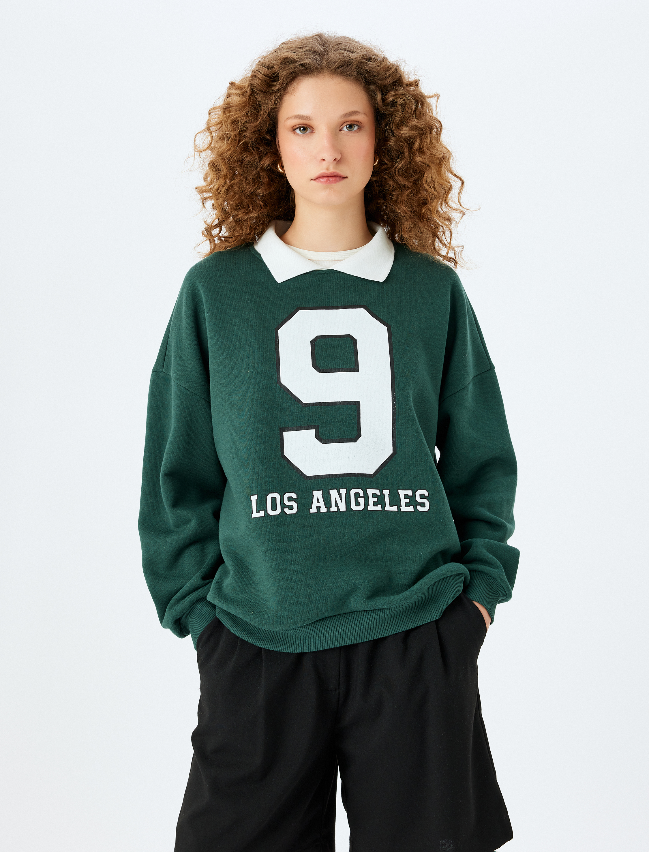   Şardonlu Polo Yaka Kolej Baskılı Oversize Sweatshirt