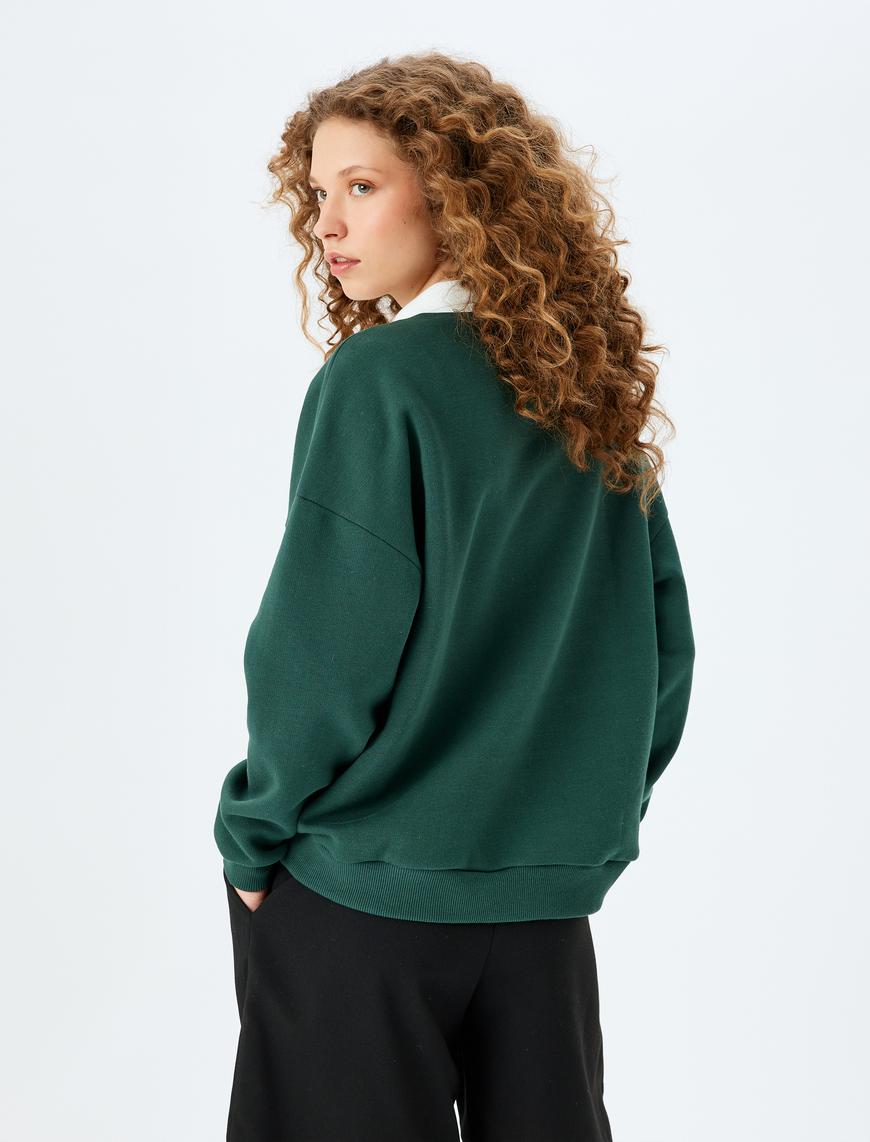   Polo Yaka Oversize Kolej Baskılı Sweatshirt