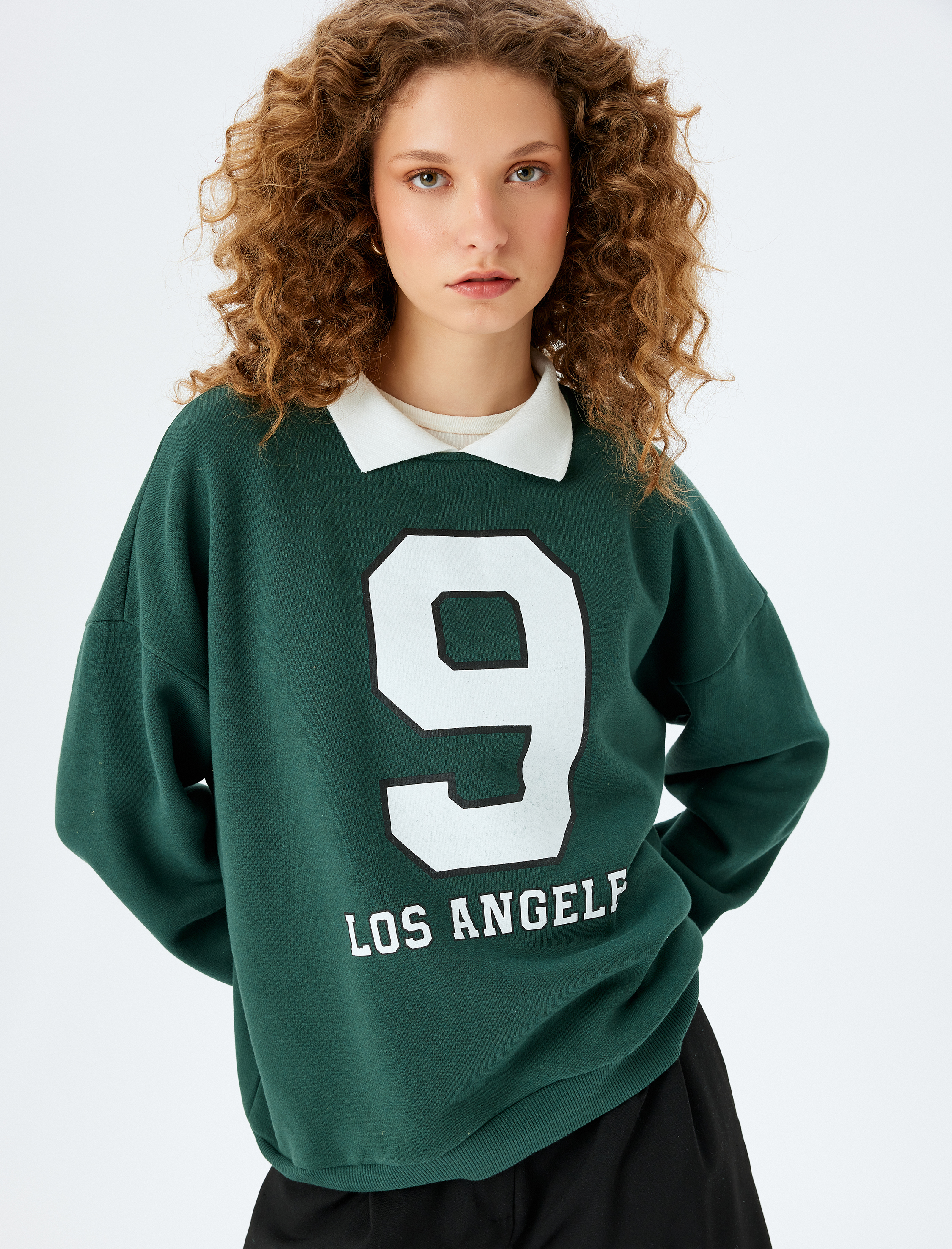  Şardonlu Polo Yaka Kolej Baskılı Oversize Sweatshirt