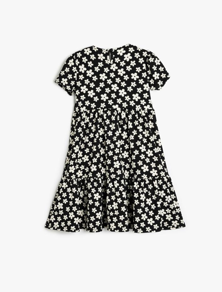 Kız Çocuk Çiçekli Elbise Kısa Kollu Kat Detaylı Yuvarlak Yaka