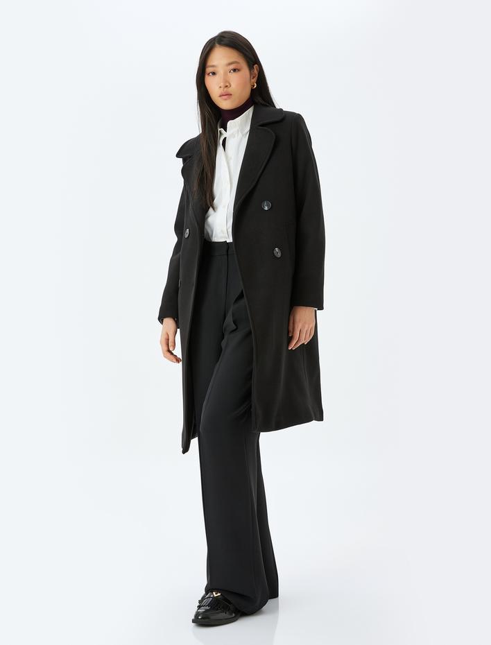  Cepli Düğmeli Kruvaze Uzun Kaşe Kaban