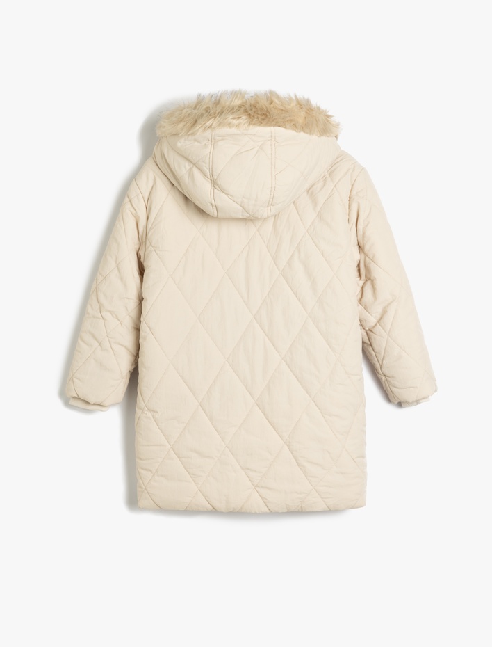 Kız Çocuk Şişme Kaban Suni Kürk Detaylı Kapşonlu Cepli Rüzgar Kapaklı