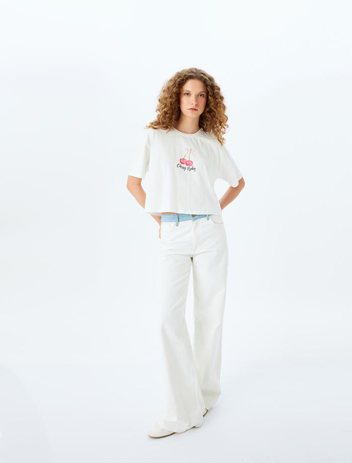  Kiraz Baskılı Rahat Kalıp Bisiklet Yaka Kısa Kollu Crop Tişört