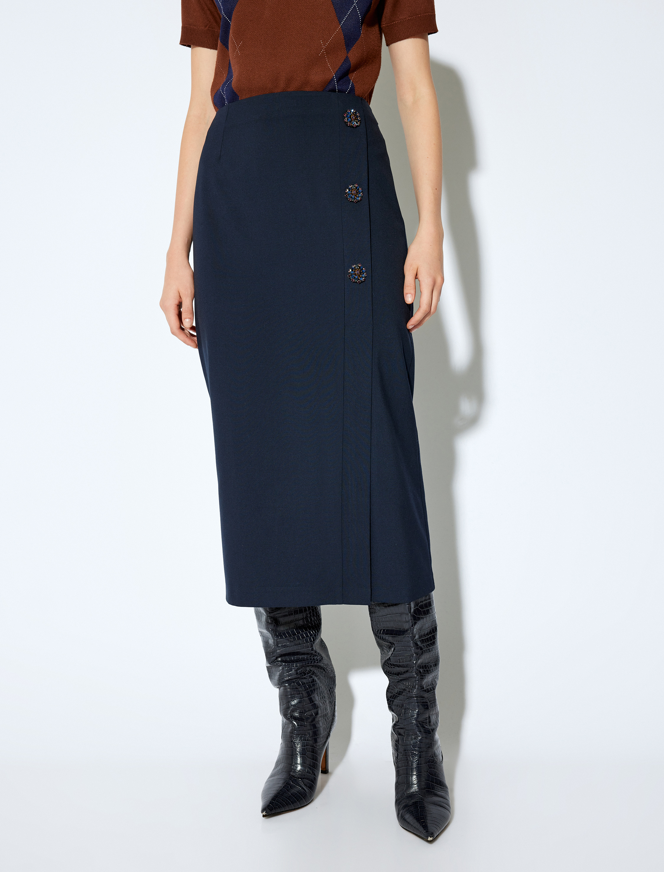   Koton X Melis Ağazat - Taşlı Düğme Detaylı Yırtmaçlı Midi Boy Kalem Etek