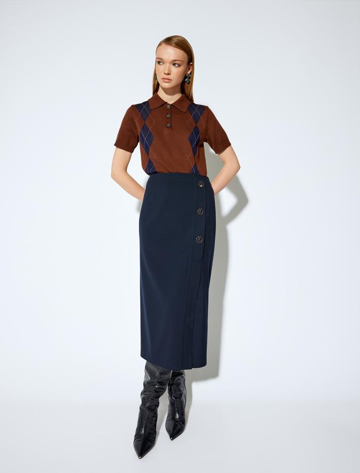  Koton X Melis Ağazat - Taşlı Düğme Detaylı Yırtmaçlı Midi Boy Kalem Etek