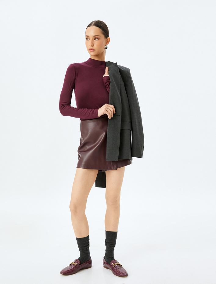  Slim Fit Alttan Çıt Çıt Düğme Kapamalı Dik Yaka Viskon Uzun Kollu Bodysuit