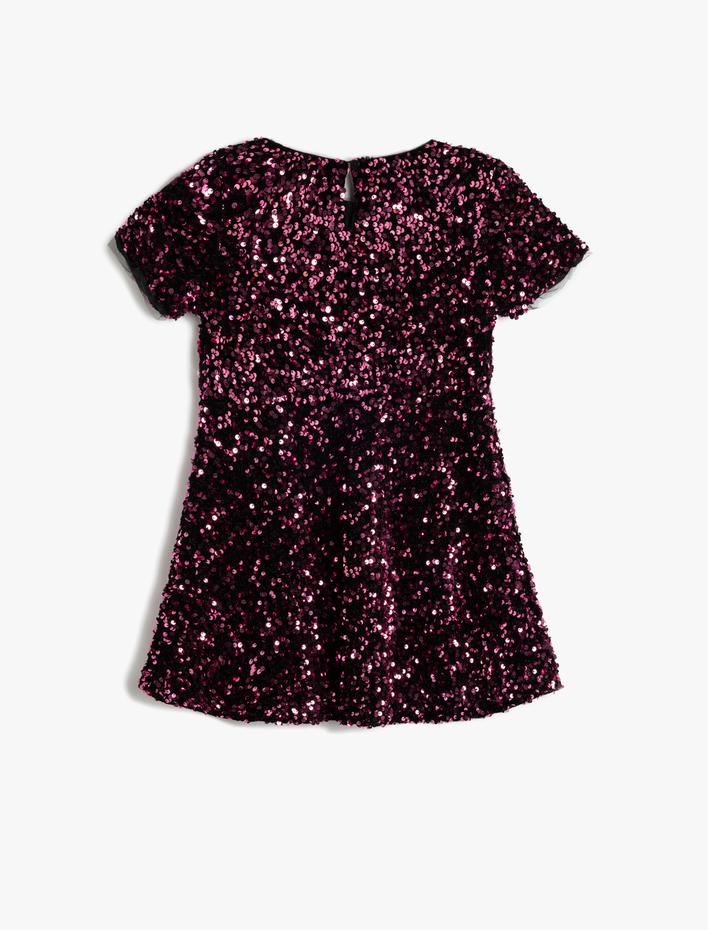 Kız Çocuk Pullu Payetli Yuvarlak Yaka Kısa Kollu Elbise