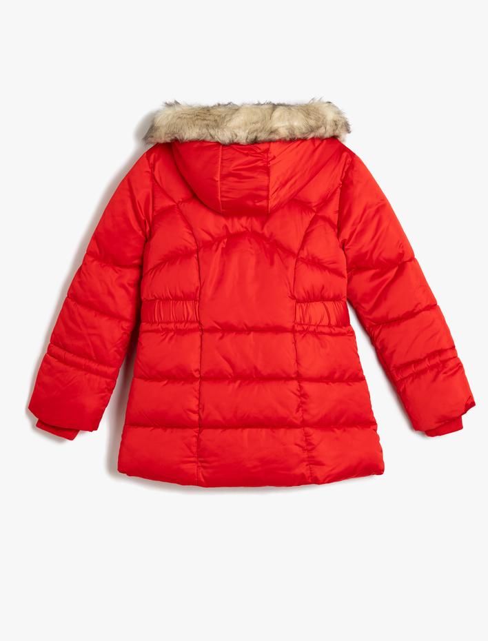 Kız Çocuk Şişme Kaban Suni Kürk Detaylı Kapşonlu Cepli Fermuarlı Kemer Detaylı