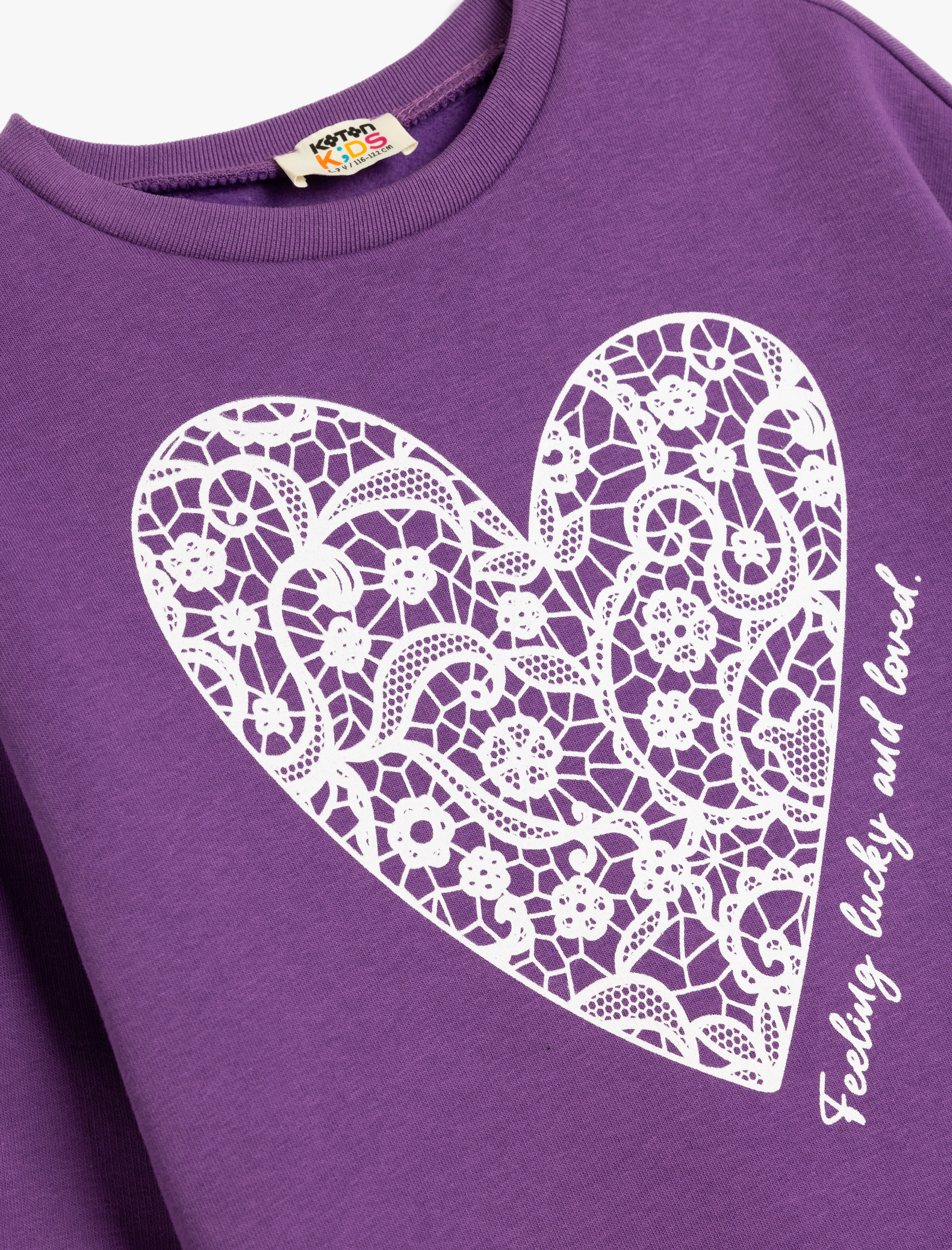  Kız Çocuk Sweatshirt Kalp Baskılı Şardonlu Pamuklu