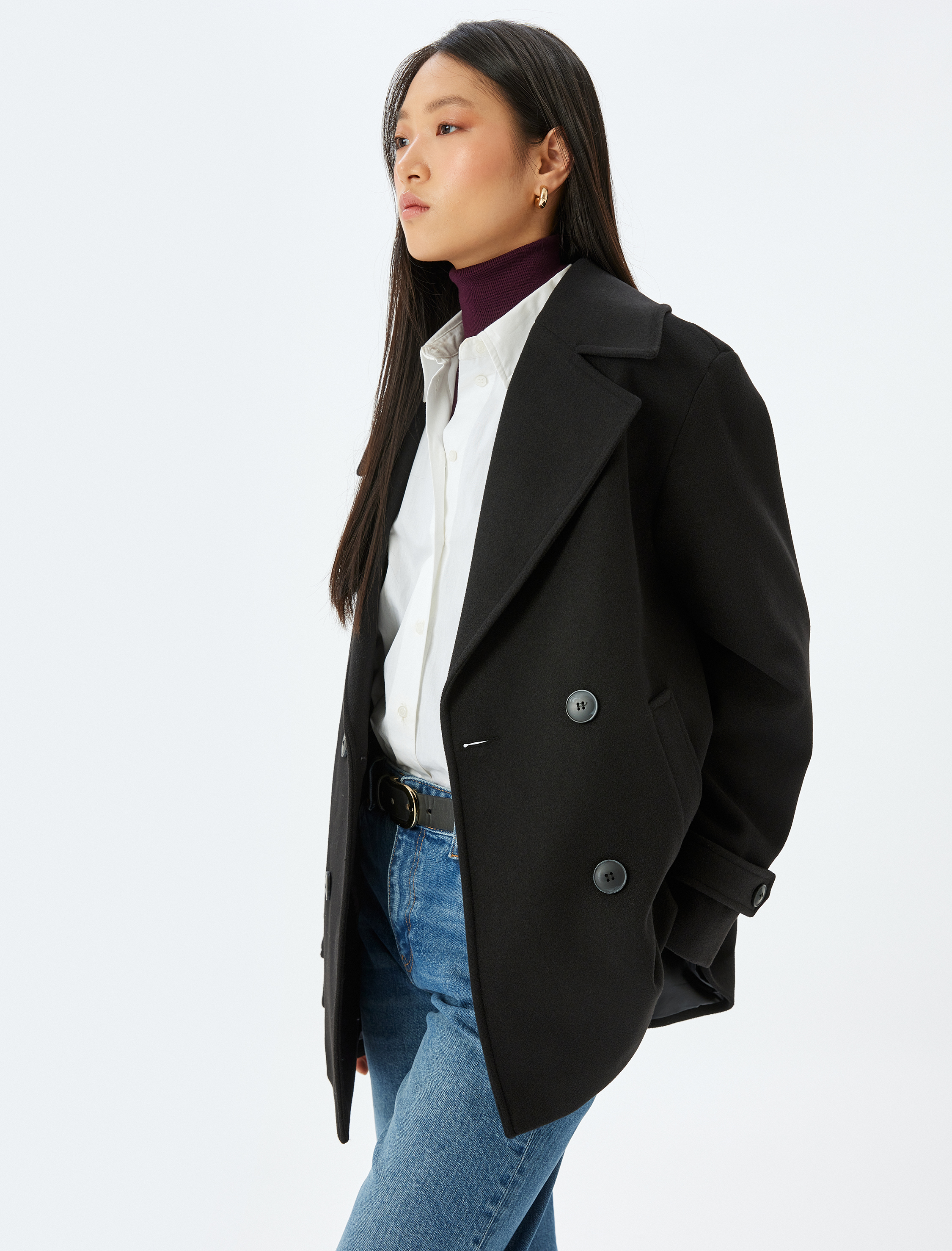 Düğmeli Cepli Kruvaze Kısa Kaşe Kaban