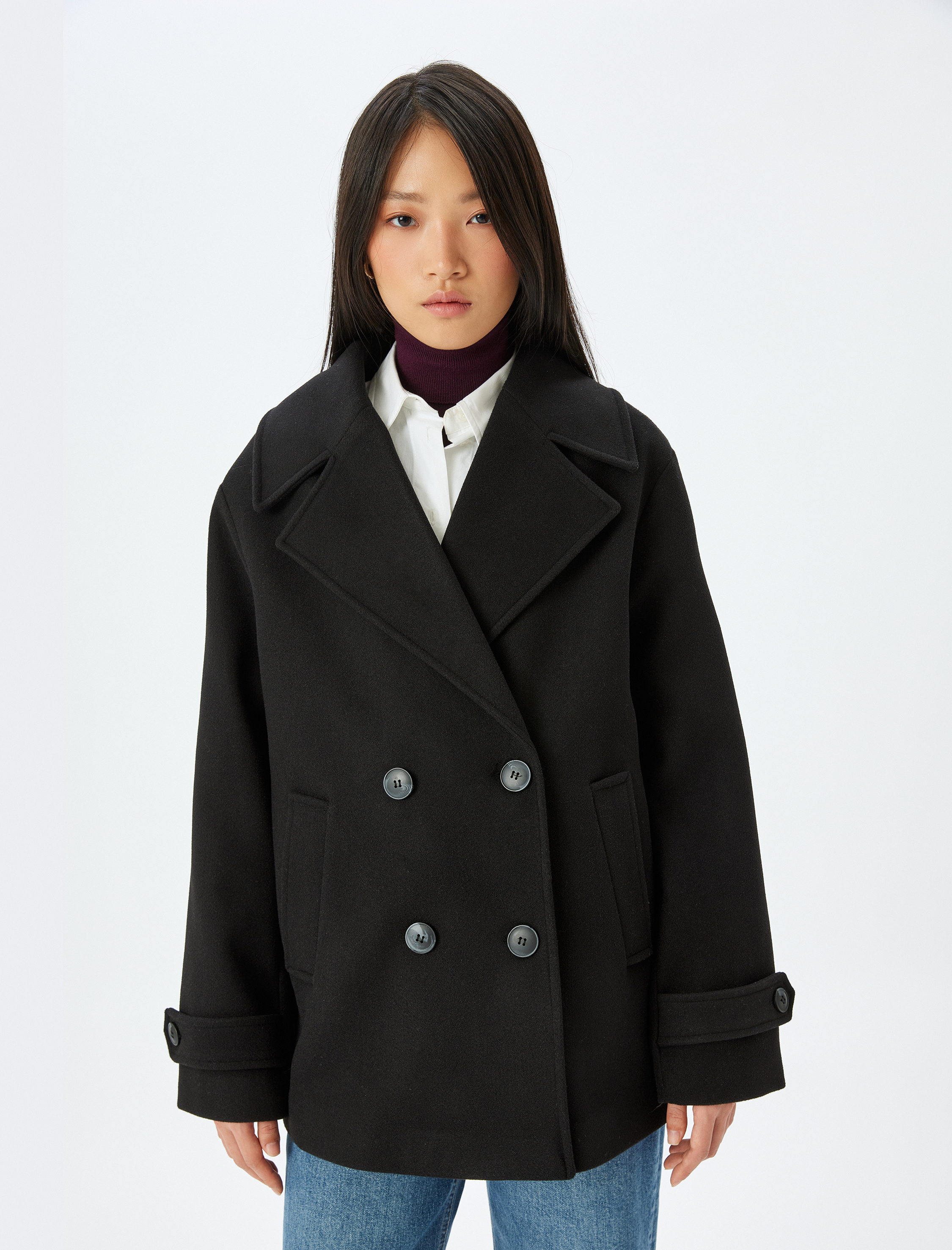 Düğmeli Cepli Kruvaze Kısa Kaşe Kaban