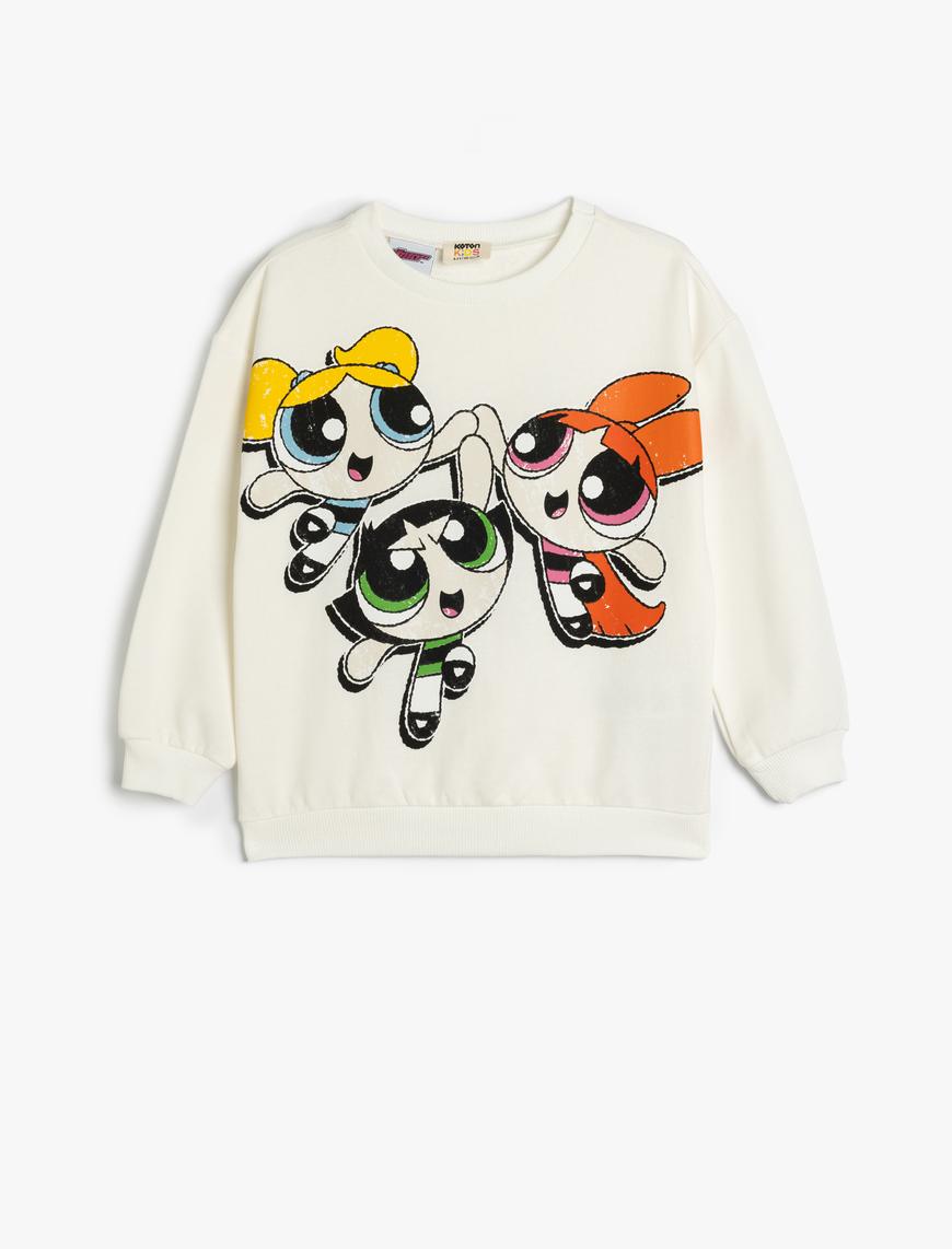  Kız Çocuk Powerpuff Girls Sweatshirt Lisanslı Uzun Kollu Bisiklet Yaka Şardonlu