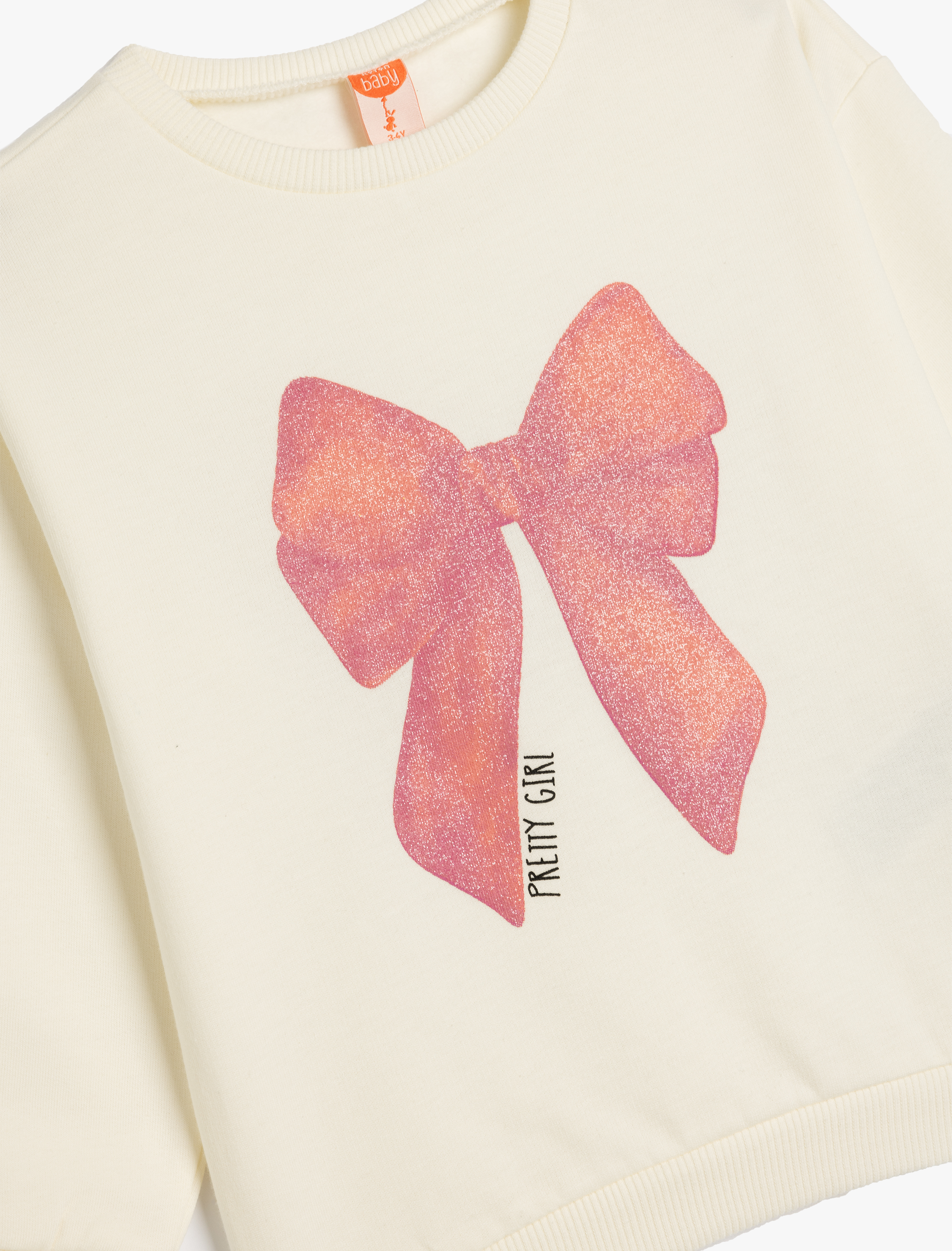  Kız Bebek Sweat Fiyonk Baskılı Uzun Kollu Bisiklet Yaka Pamuklu Şardonlu