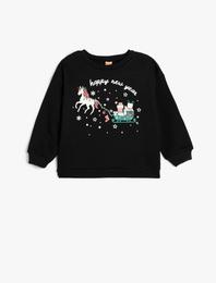 Yılbaşı Temalı Baskı Detaylı Uzun Kollu Pamuklu Şardonlu Sweatshirt