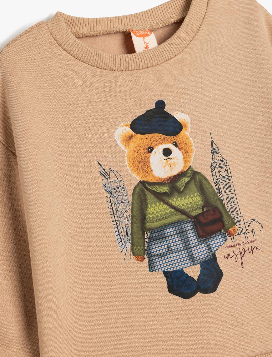  Kız Bebek Sweatshirt Ayıcık Baskılı Uzun Kollu Bisiklet Yaka Pamuklu Şardonlu