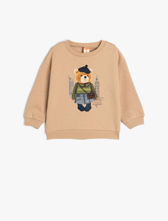 Kız Bebek Sweatshirt Ayıcık Baskılı Uzun Kollu Bisiklet Yaka Pamuklu Şardonlu