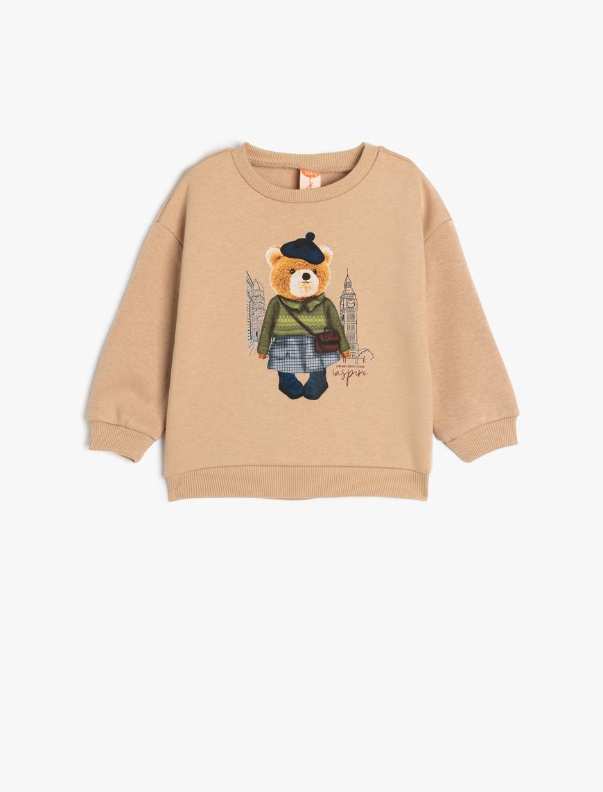  Kız Bebek Sweatshirt Ayıcık Baskılı Uzun Kollu Bisiklet Yaka Pamuklu Şardonlu