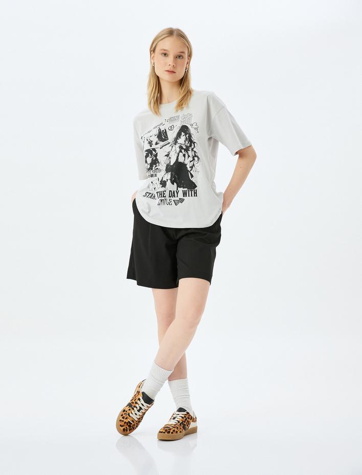  Anime Baskılı Oversize Bisiklet Yaka Kısa Kollu Tişört