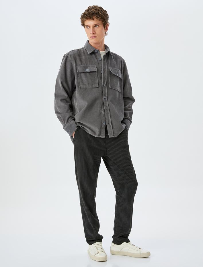  Uzun Kollu Düğmeli Cep Detaylı Pamuklu Fitilli Kadife Gömlek Ceket