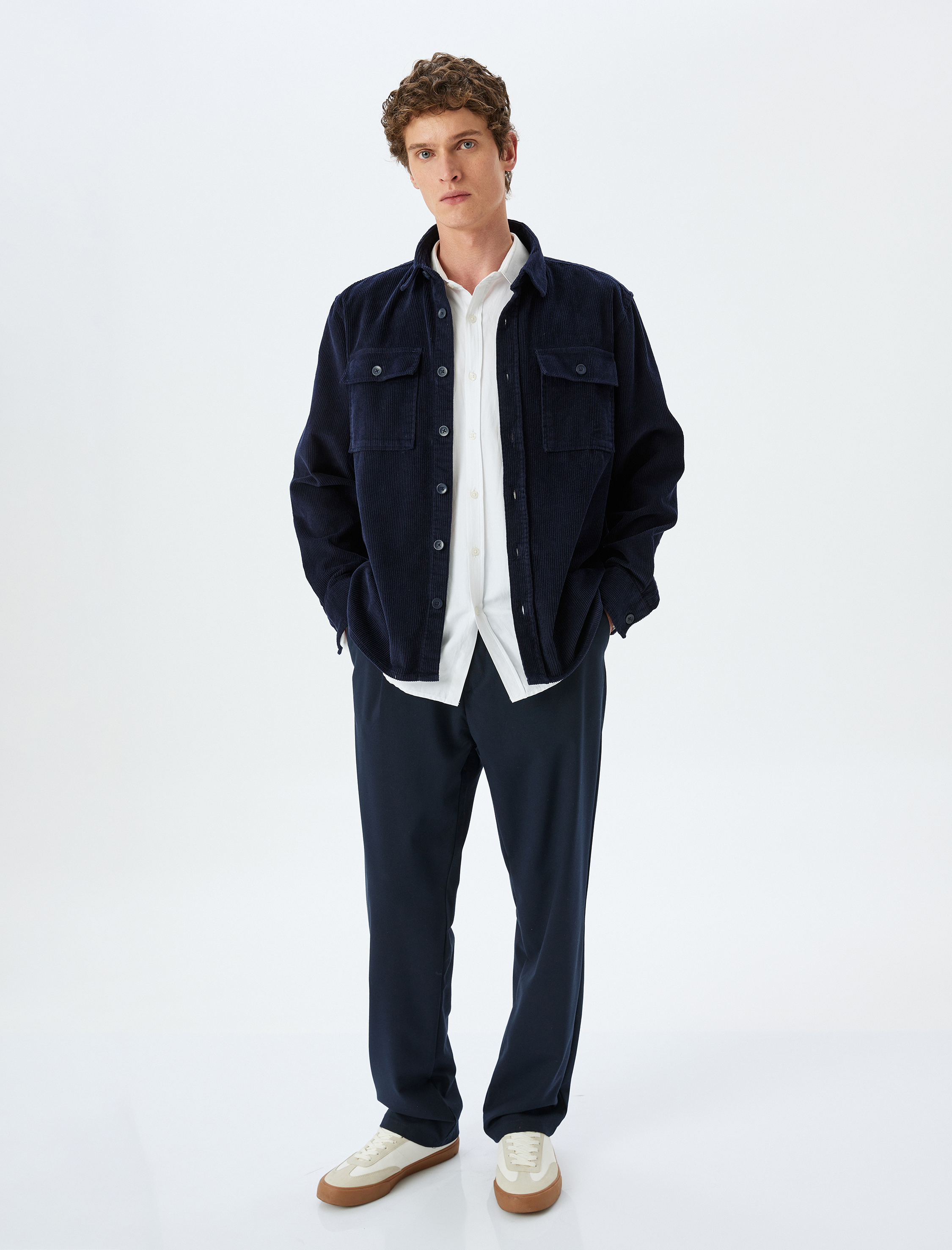   Uzun Kollu Düğmeli Cep Detaylı Pamuklu Fitilli Kadife Gömlek Ceket