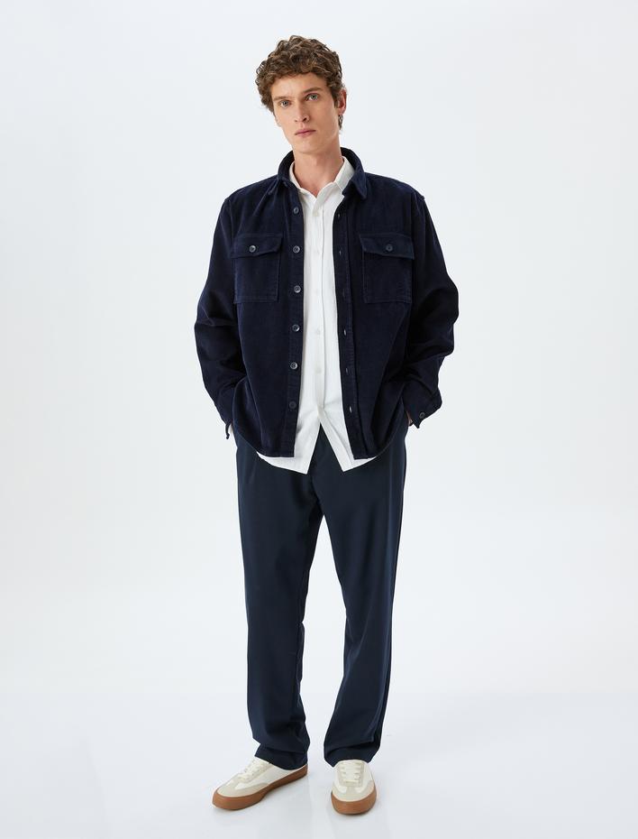  Uzun Kollu Düğmeli Cep Detaylı Pamuklu Fitilli Kadife Gömlek Ceket