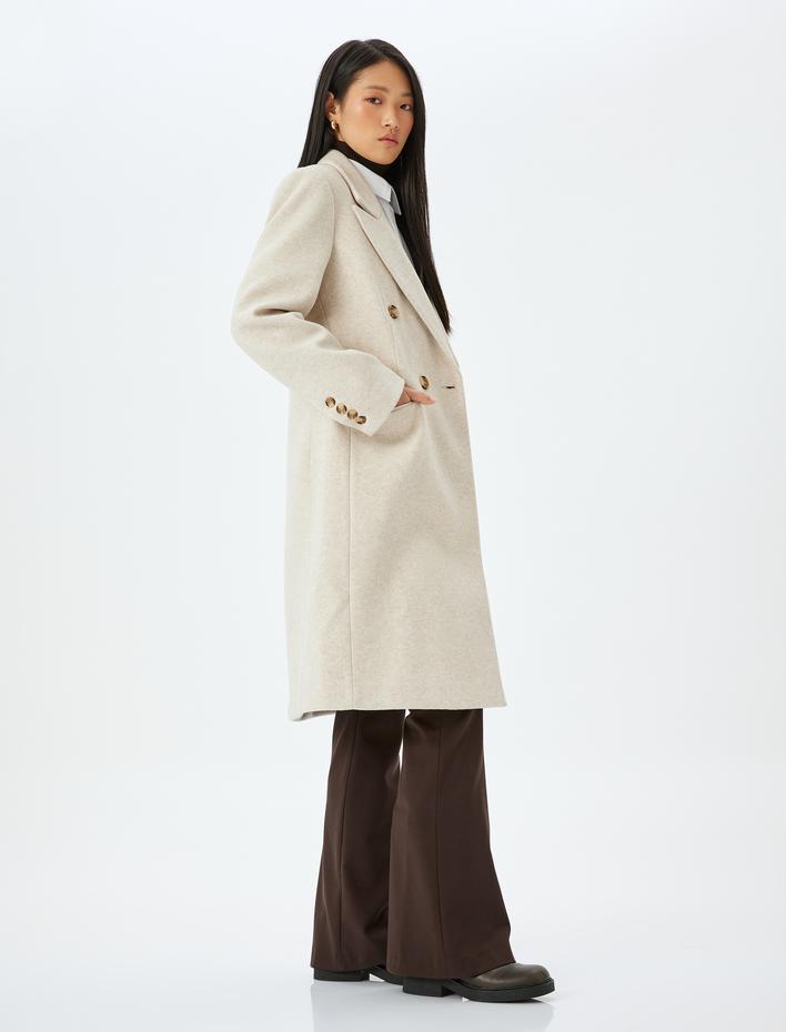  Cepli Düğmeli Kruvaze Uzun Kaşe Kaban