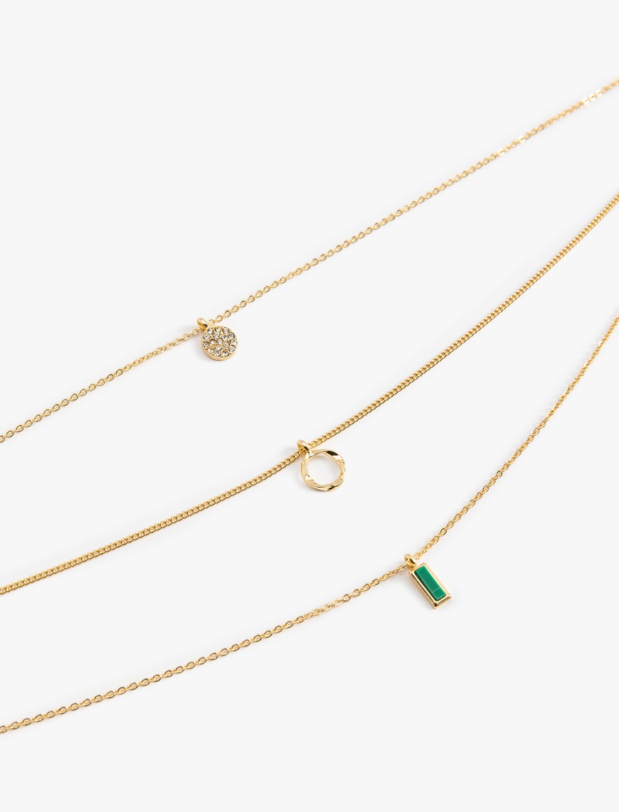  Kadın 3 Sıra Kristal Charm Detaylı Çelik Kolye