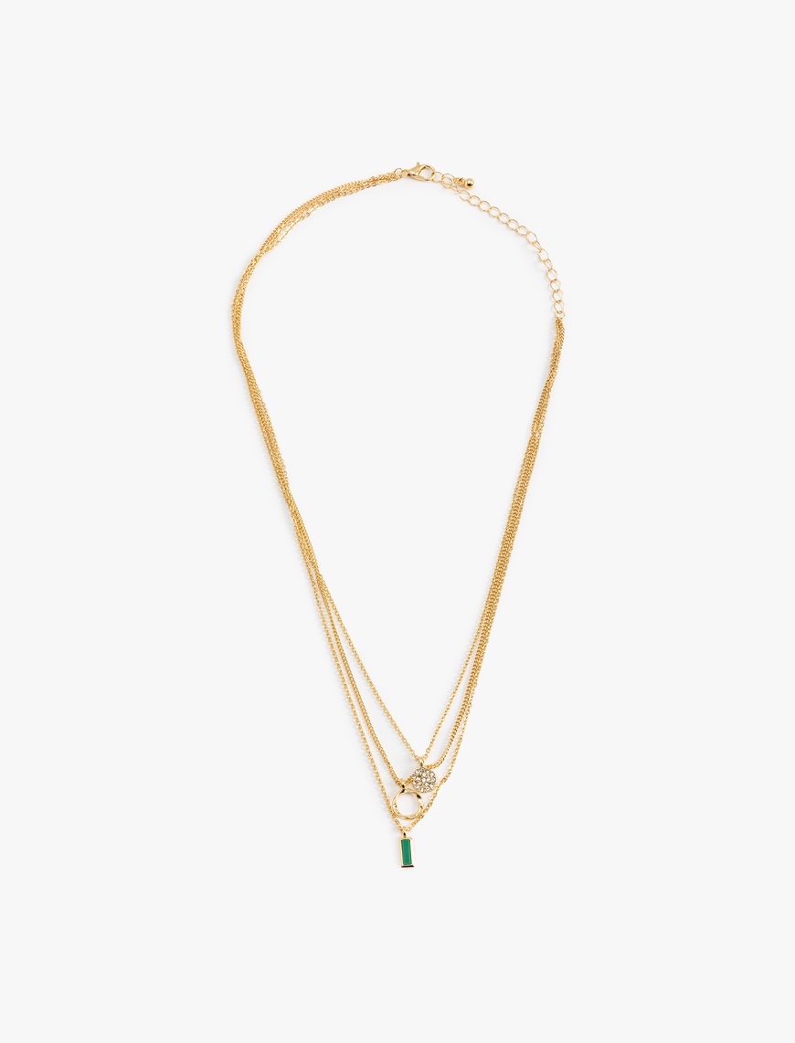  Kadın 3 Sıra Kristal Charm Detaylı Çelik Kolye