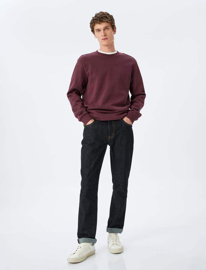  Bisiklet Yaka Pamuklu Pike Kumaş Basic Sweatshirt